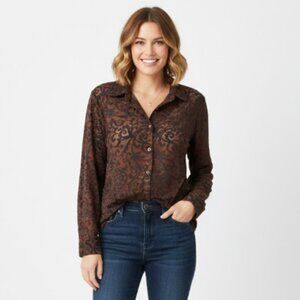 Vintage Elliott Lauren Top Medium Brown Velvet Burnt-out Long Sleeve Button Down